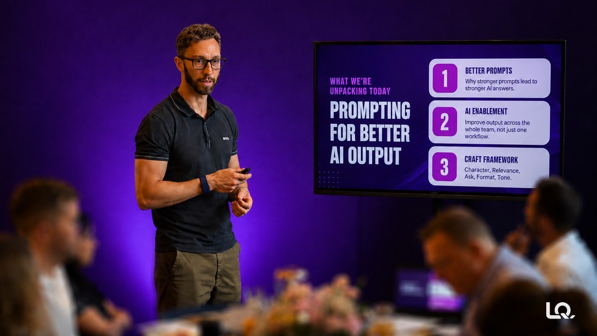 Luke Quilter presenting Prompting for Better AI Output at the AI in Action session in Macclesfield