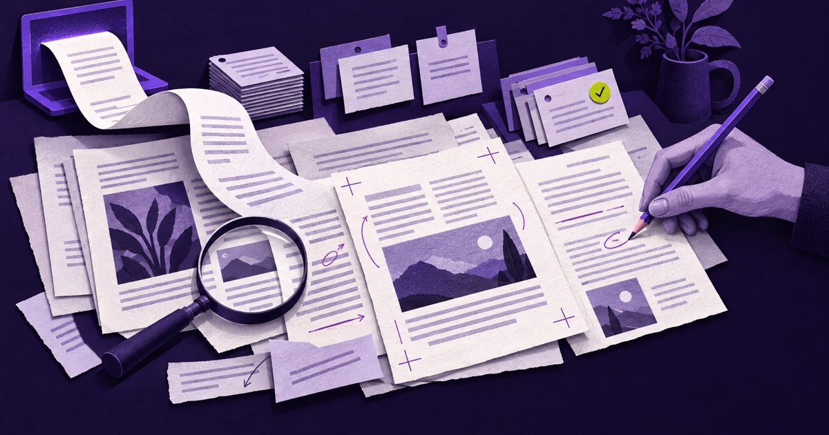 Editorial illustration of the review work behind AI-generated content