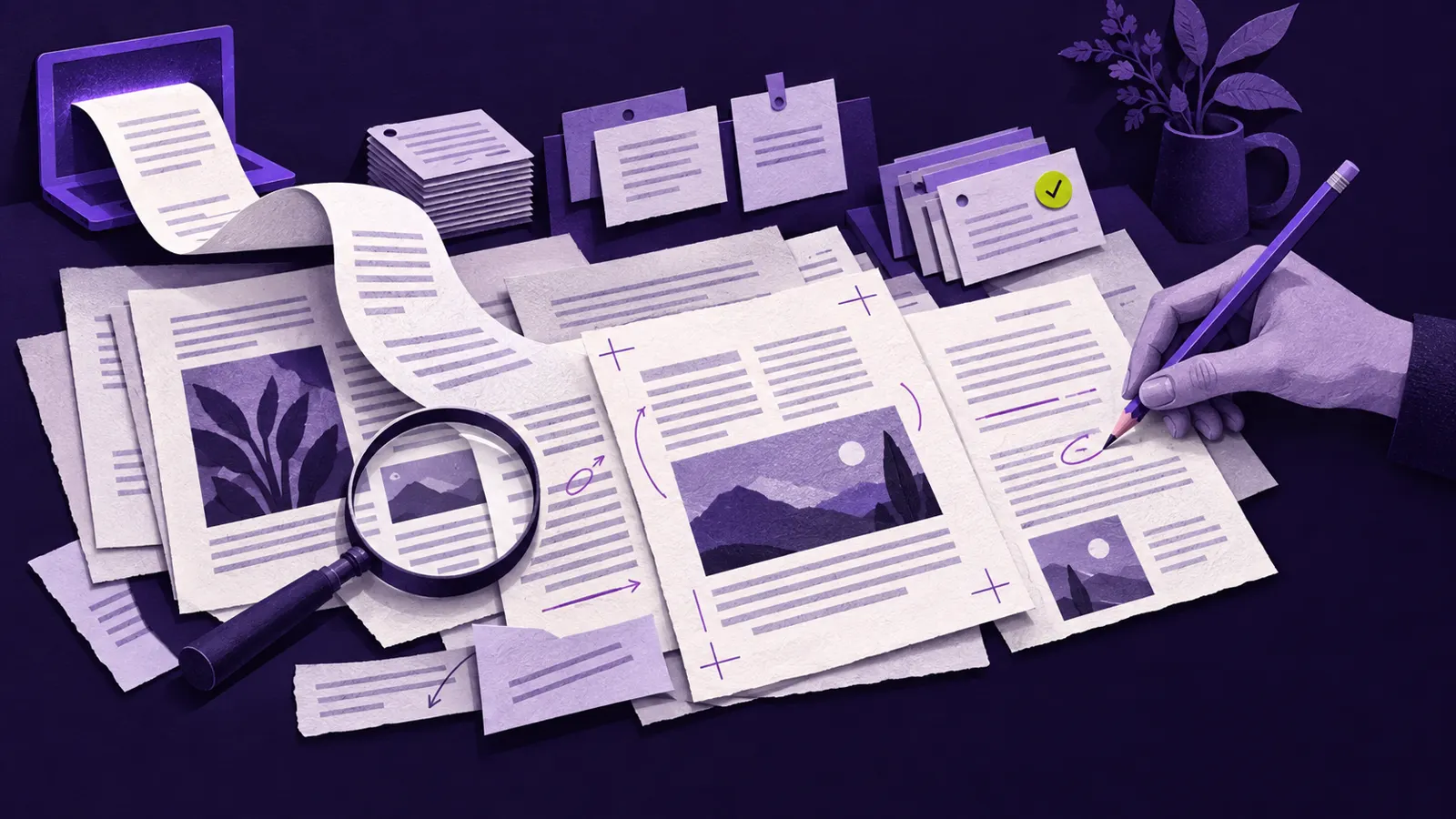 Editorial illustration of AI-generated drafts, source checks and a human editor refining the final content.